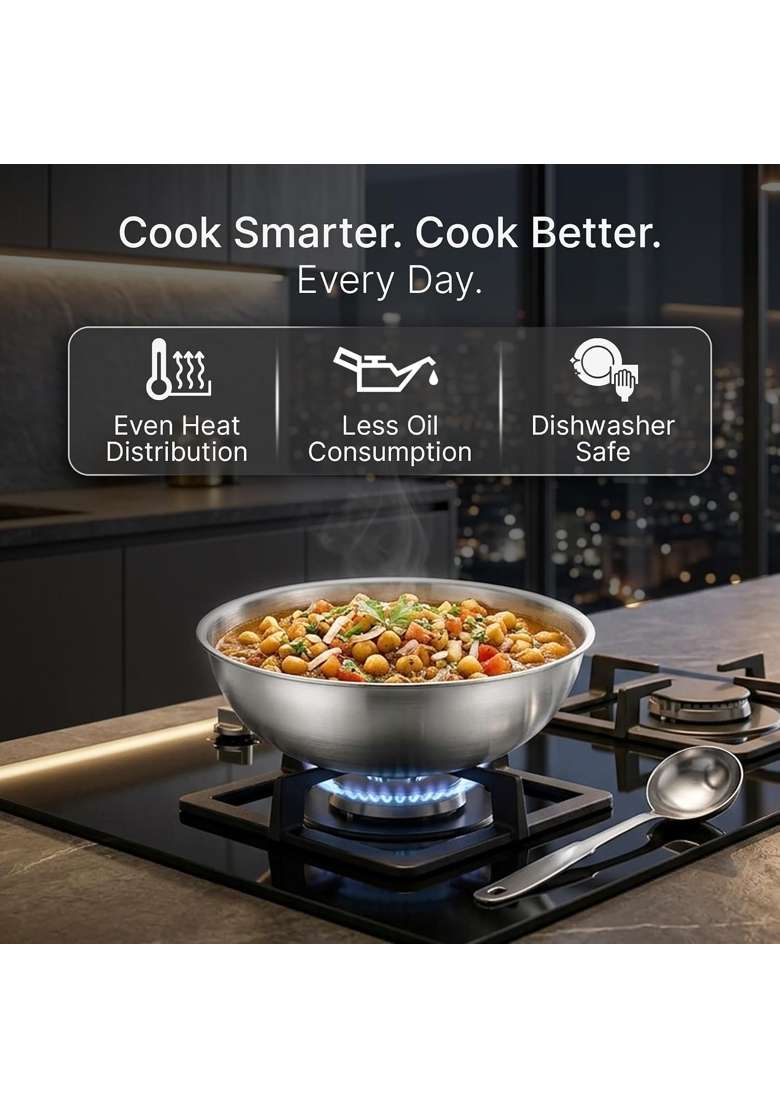 AGARO Regency Triply Stainless Steel Tasla Deep Pan with Lid | 4 L | 4.2 Qt | 28 cm | 11 Inch | Induction Compatible | Dishwasher Safe | Non-Toxic - Indya