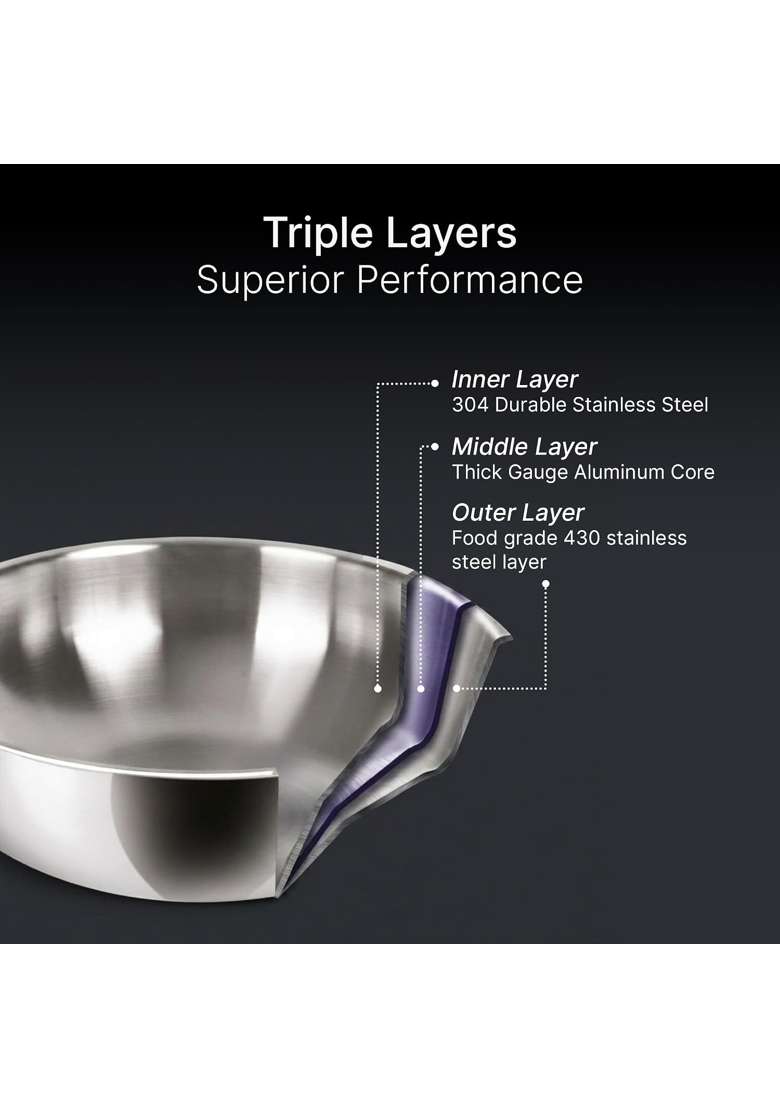 AGARO Regency Triply Stainless Steel Tasla Deep Pan with Lid | 4 L | 4.2 Qt | 28 cm | 11 Inch | Induction Compatible | Dishwasher Safe | Non-Toxic - Indya