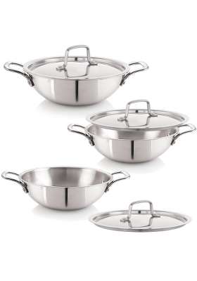 NIRLON Smart Triply Cookware Deep Kadai-Kadhai-Wok Set | 1.5 L | 1.6 Qt | 20 cm | 7.9 Inch | 6-Piece Set | Induction Compatible | With Lid