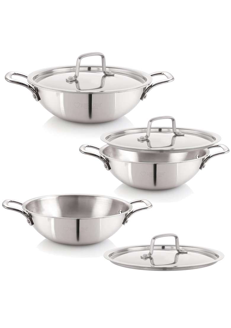 NIRLON Smart Triply Cookware Deep Kadai-Kadhai-Wok Set | 1.5 L | 1.6 Qt | 20 cm | 7.9 Inch | 6-Piece Set | Induction Compatible | With Lid - Indya