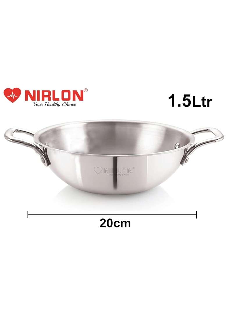NIRLON Smart Triply Cookware Deep Kadai-Kadhai-Wok Set | 1.5 L | 1.6 Qt | 20 cm | 7.9 Inch | 6-Piece Set | Induction Compatible | With Lid - Indya