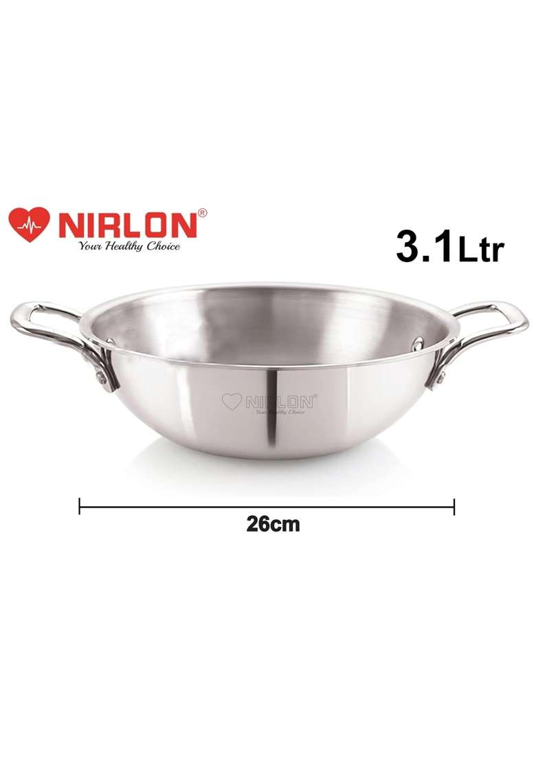NIRLON Smart Triply Cookware Deep Kadai-Kadhai-Wok Set | 1.5 L | 1.6 Qt | 20 cm | 7.9 Inch | 6-Piece Set | Induction Compatible | With Lid - Indya