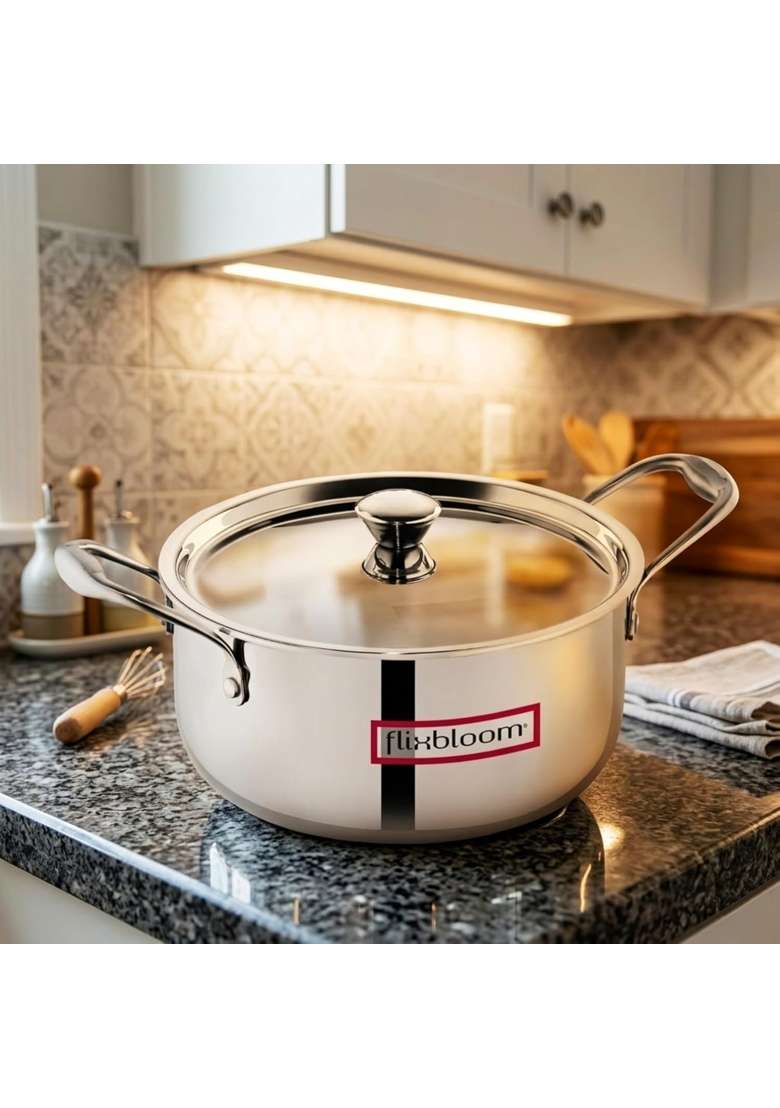 FLIXBLOOM Posh Stainless Steel Triply Thick Guage Cookware Set Handi Cooking Pot for Cooking | 2.5 L | 2.6 Qt | With Lid - Indya