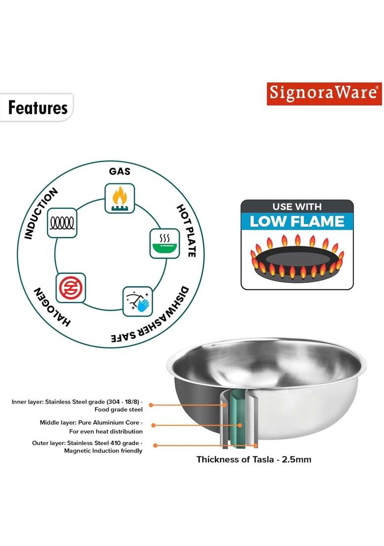 SIGNORA WARE Signoraware Artista Tri-Ply Stainless Steel Shallow Tasla Deep Pan Set | 1.6 L | 1.7 Qt | Induction Compatible - Indya