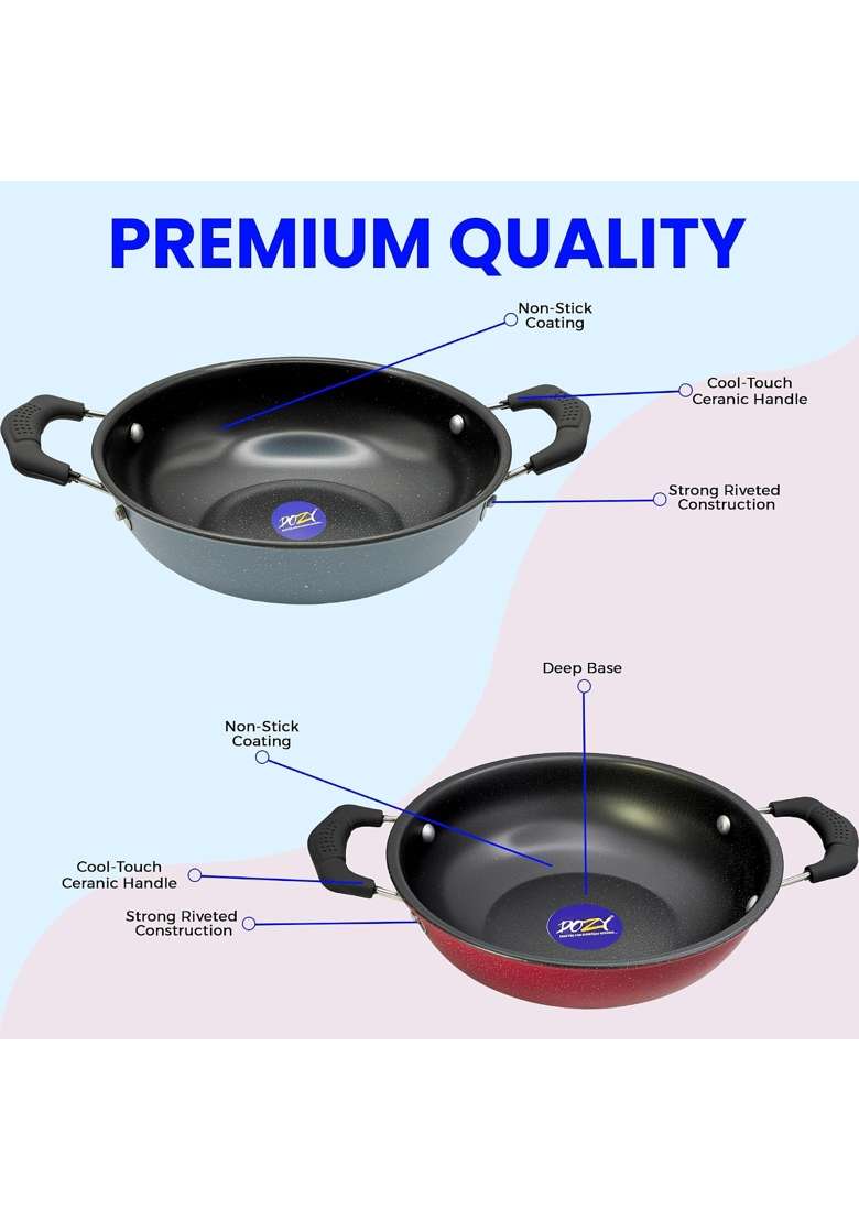 DOZY Non-Stick Premium Kadhai Wok Combo Set | 22 cm | 8.7 Inch | Induction Compatible - Indya