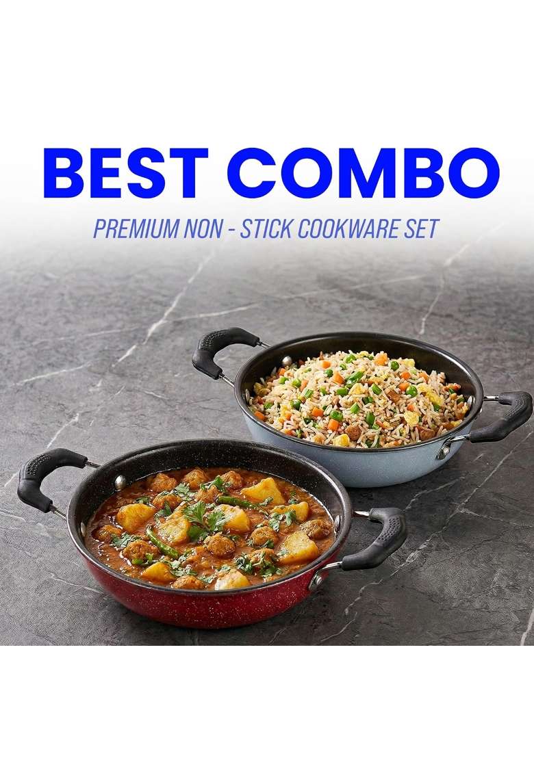 DOZY Non-Stick Premium Kadhai Wok Combo Set | 22 cm | 8.7 Inch | Induction Compatible - Indya