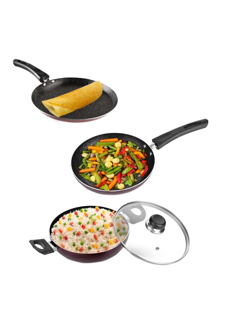 Vinod Supreme Aluminium Non Stick Cookware | 2.5 L | 2.6 Qt | 22 cm | 8.7 Inch | 3-Piece Set | Induction Compatible | With Lid - Indya