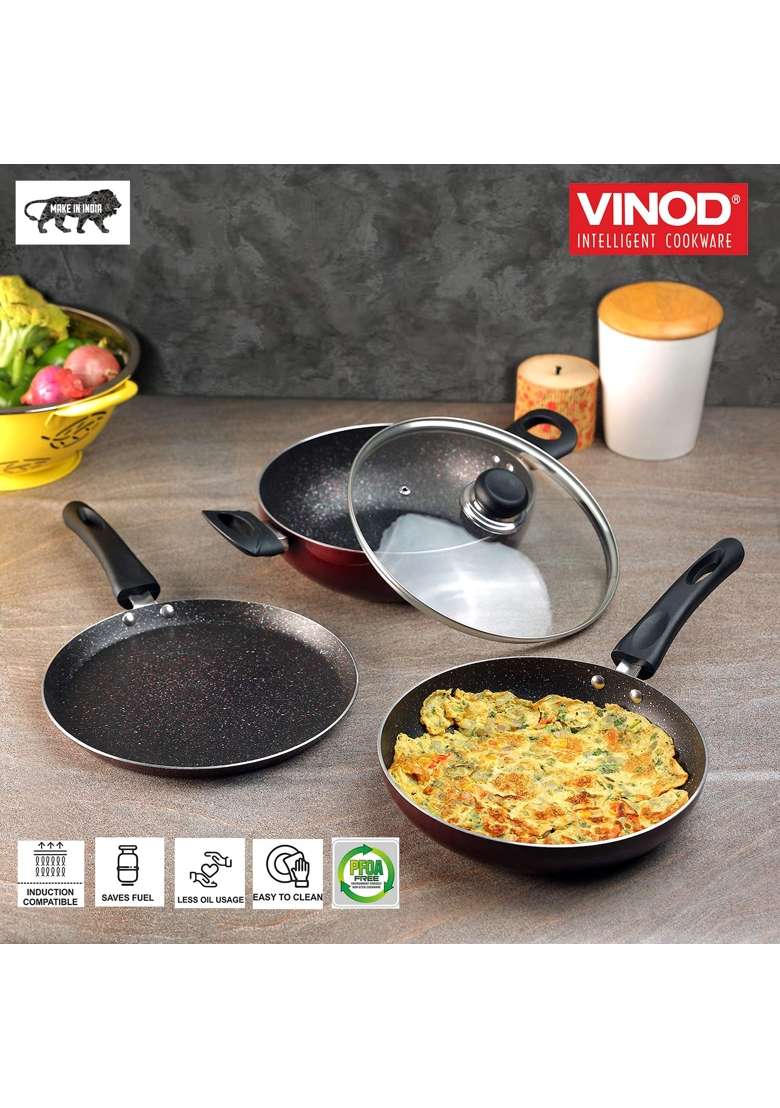 Vinod Supreme Aluminium Non Stick Cookware | 2.5 L | 2.6 Qt | 22 cm | 8.7 Inch | 3-Piece Set | Induction Compatible | With Lid - Indya