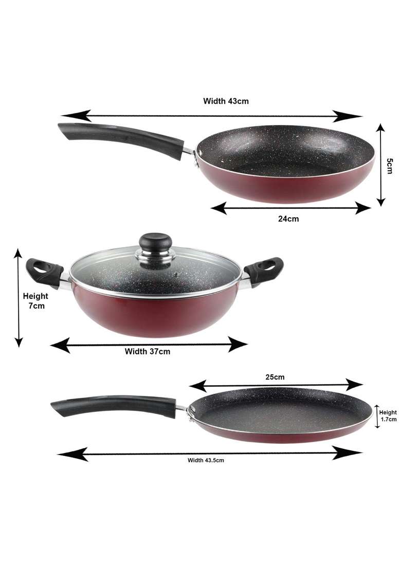 Vinod Supreme Aluminium Non Stick Cookware | 2.5 L | 2.6 Qt | 22 cm | 8.7 Inch | 3-Piece Set | Induction Compatible | With Lid - Indya
