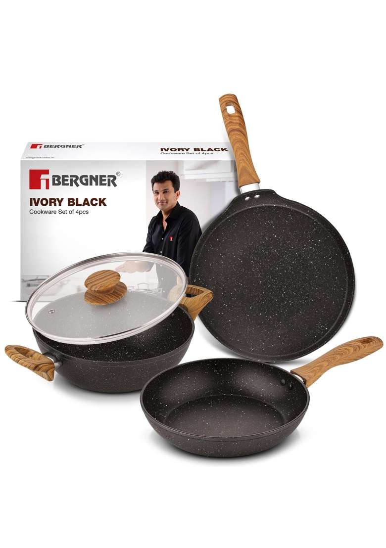 BERGNER Ivory Black Granite Non-Stick Cookware Set | 2.5 L | 2.6 Qt | 24 cm | 9.4 Inch | 4-Piece Set | Induction Compatible | PFOA Free | With Lid - Indya