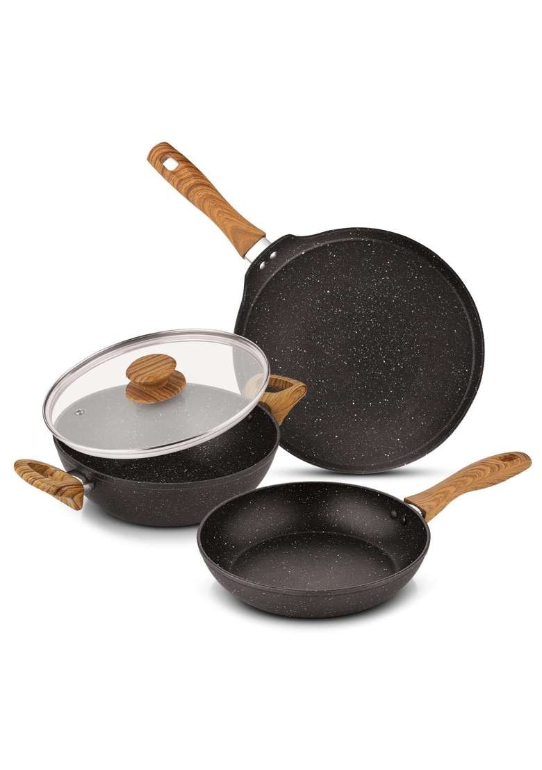 BERGNER Ivory Black Granite Non-Stick Cookware Set | 2.5 L | 2.6 Qt | 24 cm | 9.4 Inch | 4-Piece Set | Induction Compatible | PFOA Free | With Lid - Indya