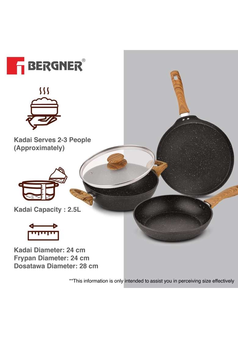 BERGNER Ivory Black Granite Non-Stick Cookware Set | 2.5 L | 2.6 Qt | 24 cm | 9.4 Inch | 4-Piece Set | Induction Compatible | PFOA Free | With Lid - Indya