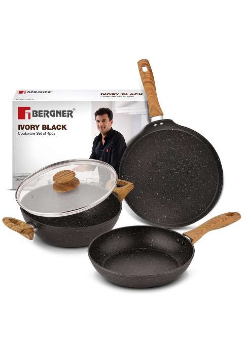 BERGNER Ivory Black Granite Non-Stick Cookware Set | 2.5 L | 2.6 Qt | 24 cm | 9.4 Inch | 4-Piece Set | Induction Compatible | PFOA Free | With Lid