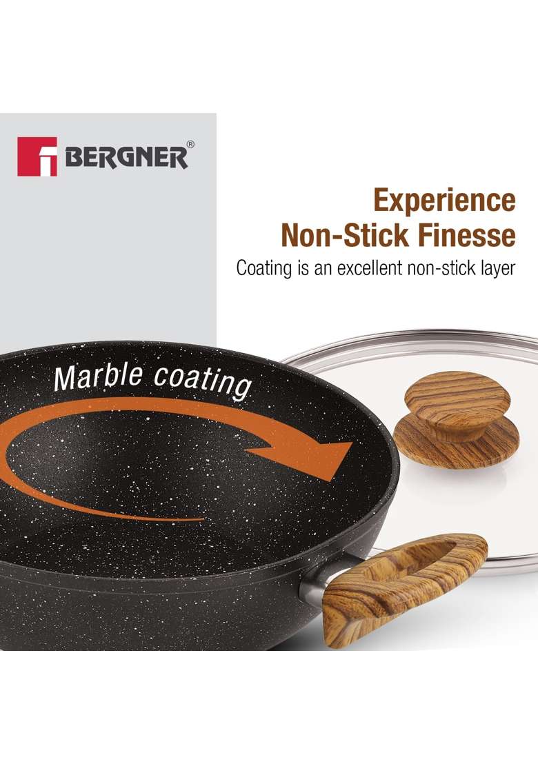 BERGNER Ivory Black Granite Cookware Set | 2.5 L | 2.6 Qt | 24 cm | 9.4 Inch | 3-Piece Set | Induction Compatible | Non-Stick | With Lid - Indya