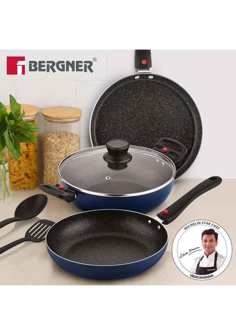 BERGNER Sherry Plus 5-Layer Non-Stick Coating Cookware Set with Induction Bottom | 2.5 L | 2.6 Qt | 24 cm | 9.4 Inch | 6-Piece Set | With Lid - Indya