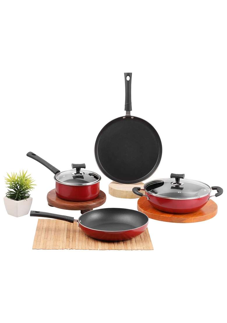 Vinod Popular Aluminium Non Stick Cookware | 2.5 L | 2.6 Qt | 24 cm | 9.4 Inch | 4-Piece Set | Induction Compatible - Indya