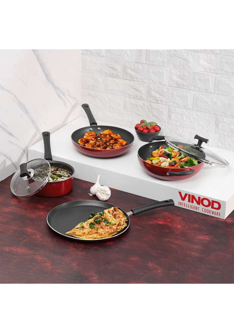 Vinod Popular Aluminium Non Stick Cookware | 2.5 L | 2.6 Qt | 24 cm | 9.4 Inch | 4-Piece Set | Induction Compatible - Indya