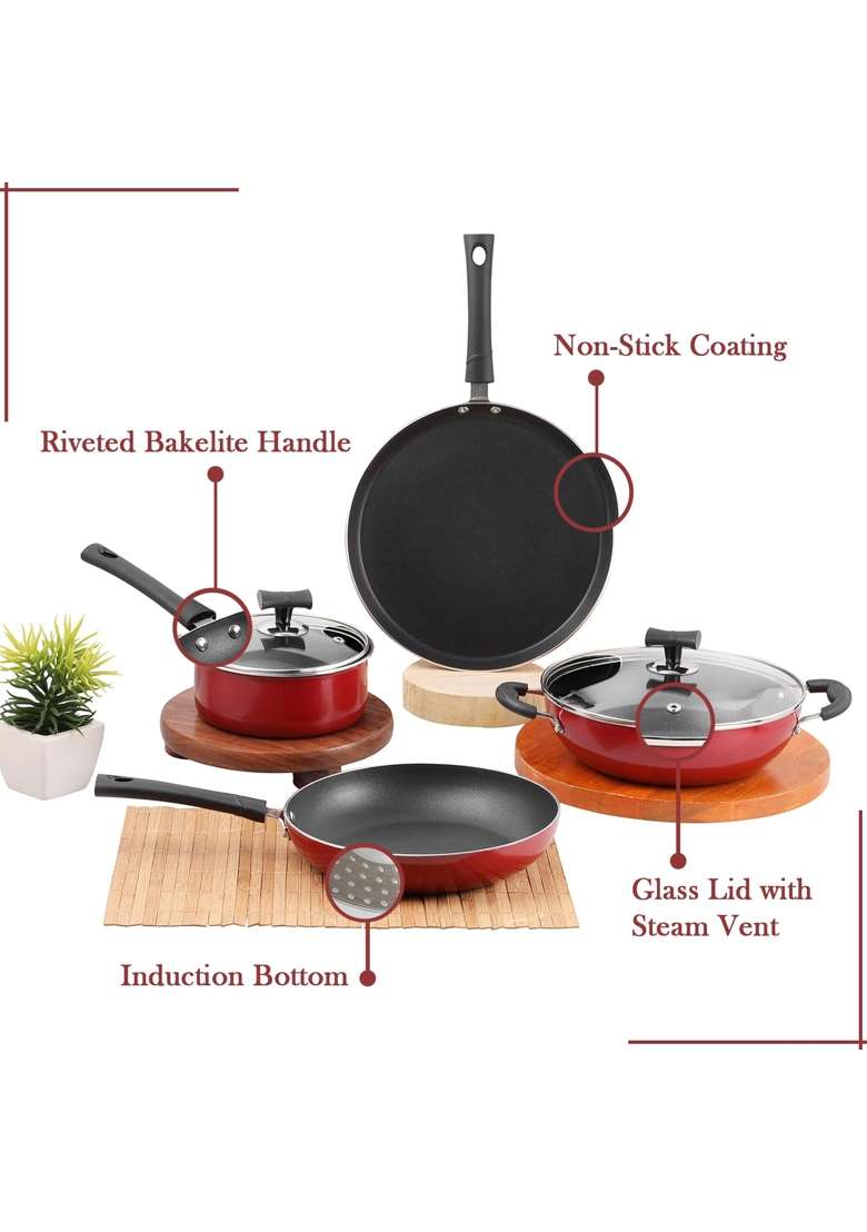 Vinod Popular Aluminium Non Stick Cookware | 2.5 L | 2.6 Qt | 24 cm | 9.4 Inch | 4-Piece Set | Induction Compatible - Indya