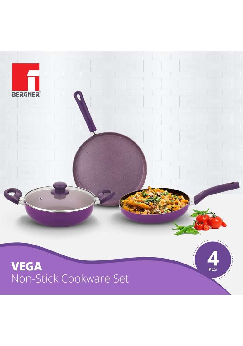 BERGNER Vega Non-Stick Cookware Set | 2.5 L | 2.6 Qt | 24 cm | 9.4 Inch | 4-Piece Set | Induction Compatible | With Lid - Indya