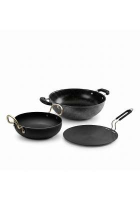 DOZY Iron Cookware Iron Rich Non-Stick 2 Kadhai Wok and 1 Tawa | 3-Piece Set | Induction Compatible | Non-Toxic | Pre-Seasoned