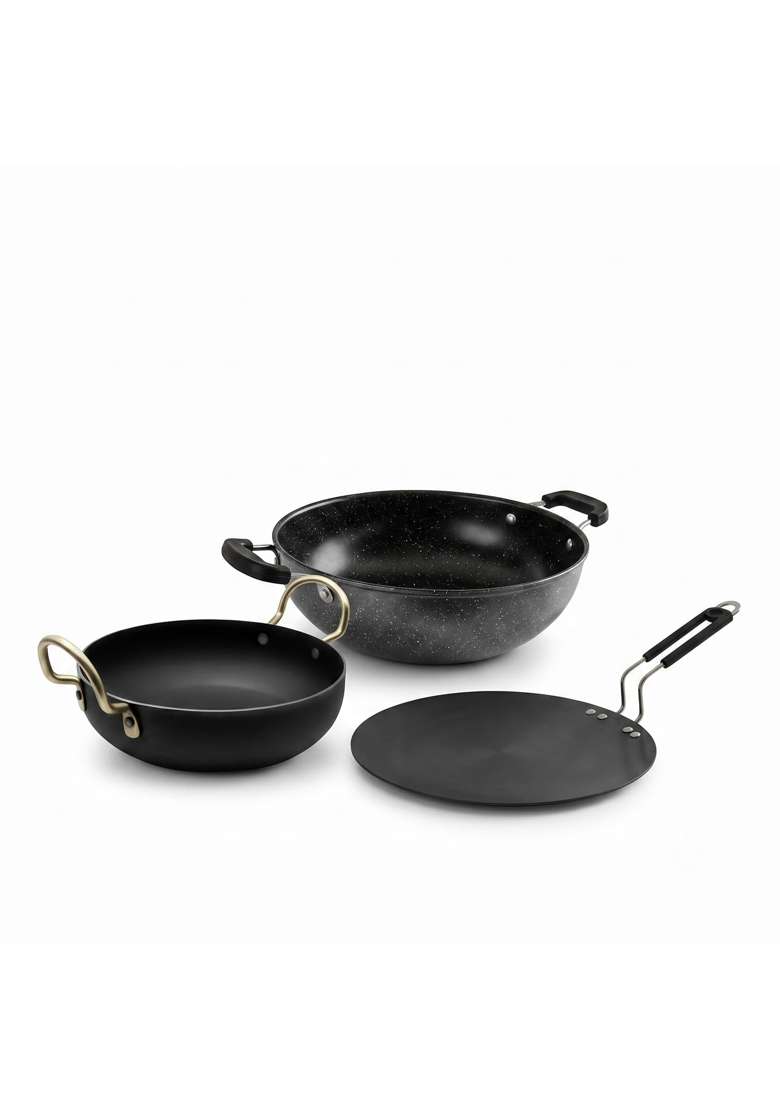 DOZY Iron Cookware Iron Rich Non-Stick 2 Kadhai Wok and 1 Tawa | 3-Piece Set | Induction Compatible | Non-Toxic | Pre-Seasoned - Indya