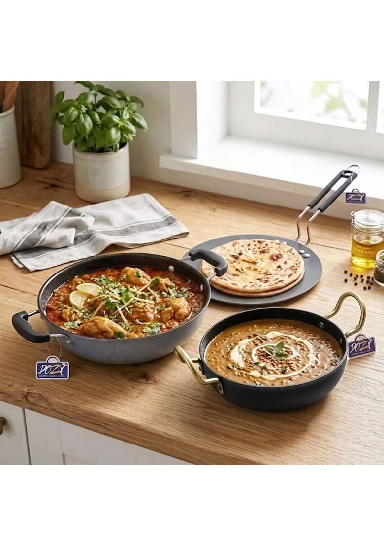 DOZY Iron Cookware Iron Rich Non-Stick 2 Kadhai Wok and 1 Tawa | 3-Piece Set | Induction Compatible | Non-Toxic | Pre-Seasoned - Indya