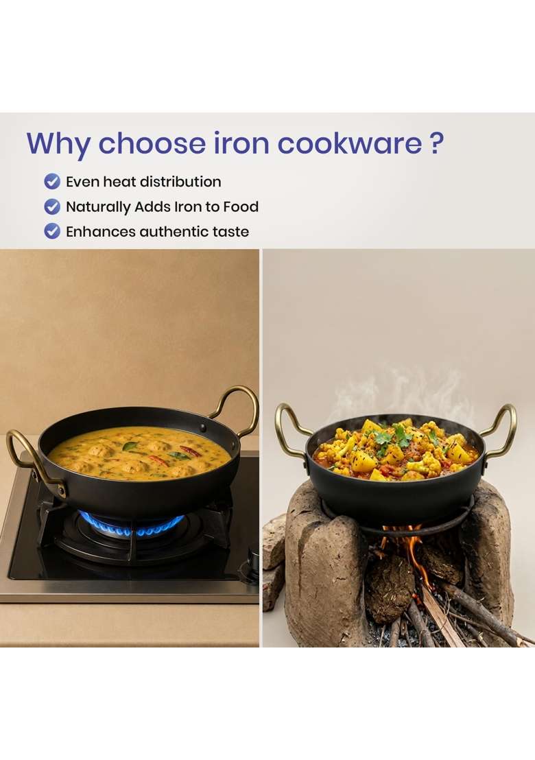 DOZY Iron Cookware Iron Rich Non-Stick 2 Kadhai Wok and 1 Tawa | 3-Piece Set | Induction Compatible | Non-Toxic | Pre-Seasoned - Indya