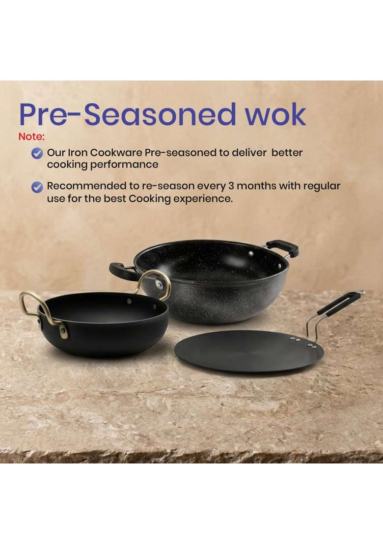 DOZY Iron Cookware Iron Rich Non-Stick 2 Kadhai Wok and 1 Tawa | 3-Piece Set | Induction Compatible | Non-Toxic | Pre-Seasoned - Indya