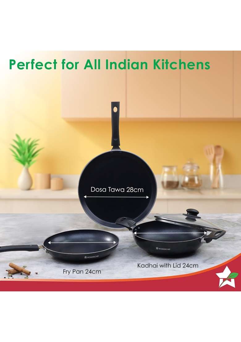 Wonderchef Valencia Non-Stick Cookware Set for Kitchen | 24 cm | 9.4 Inch | Pack of 4 | Induction Compatible | PFOA Free | Non-Toxic | With Lid - Indya