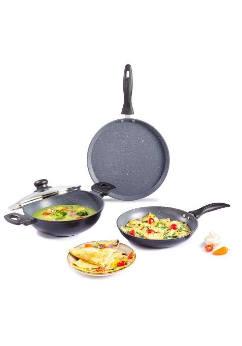 Wonderchef Duralite Die-Cast Non-Stick Pans Set | 1.2 L | 1.3 Qt | 24 cm | 9.4 Inch | 4-Piece Set | With Lid