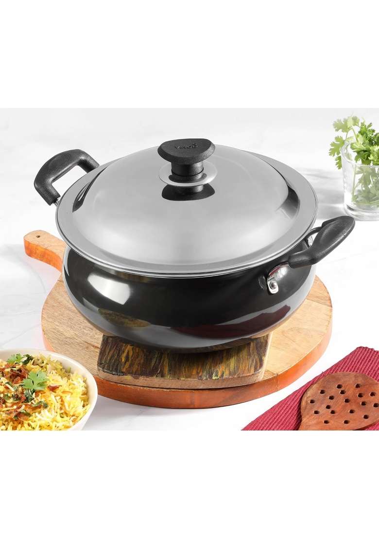 Vinod Black Pearl Hard Anodised Non Stick Handi with Lid | 2 L | 2.1 Qt | Non-Toxic - Indya