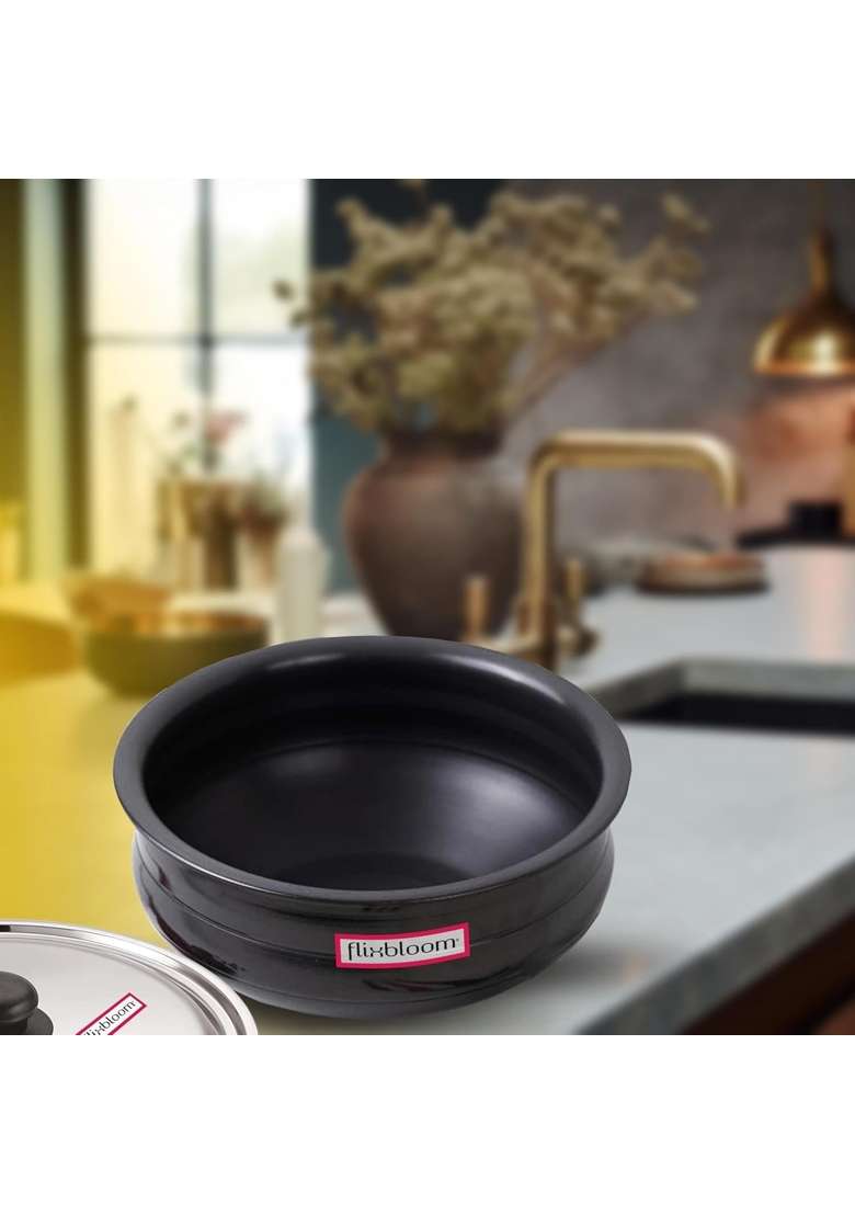 FLIXBLOOM Frontier Black Hard Anodised Induction Base LPG Gas Stove Friendly Deep Kitchen | 3 L | 3.2 Qt | With Lid - Indya
