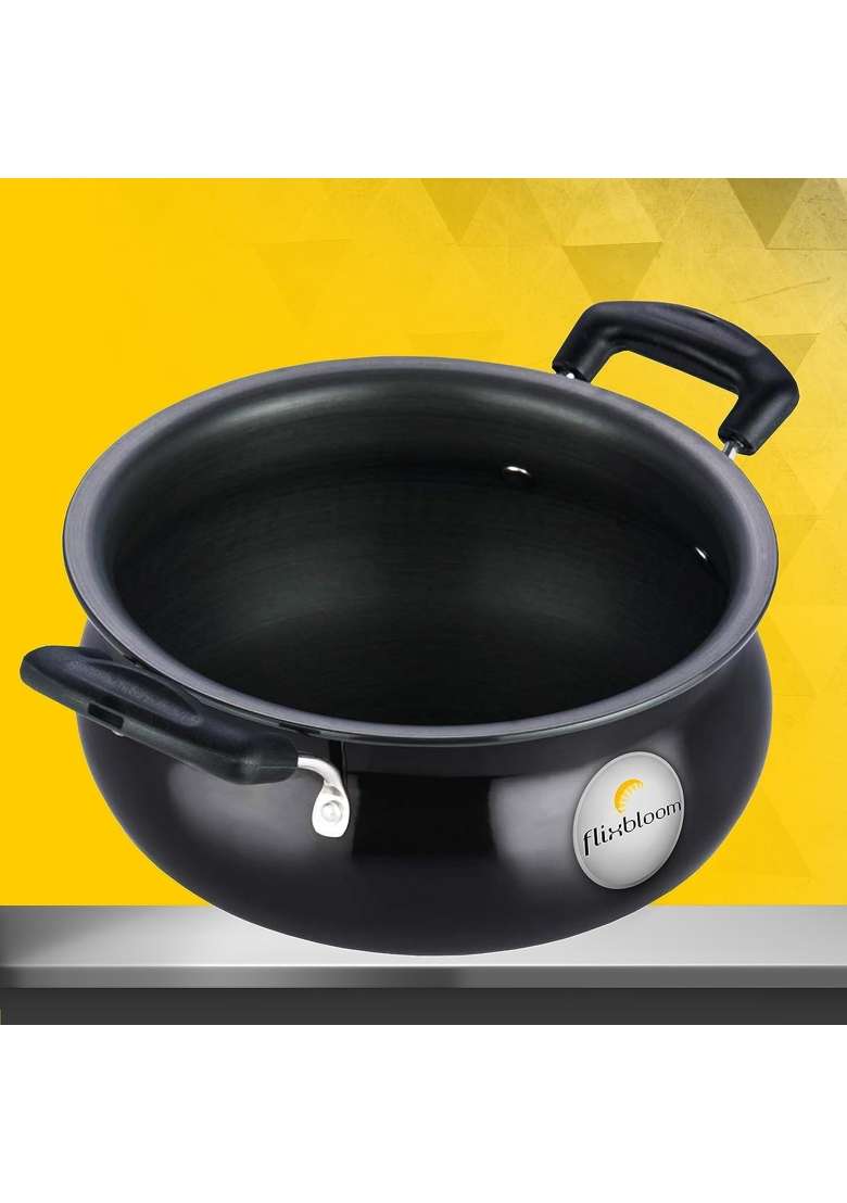 FLIXBLOOM Mega Edge Black Hard Anodised Induction Base Gravy Biryani Handi Biryani Pot for Cooking | 5 L | 5.3 Qt | With Lid - Indya