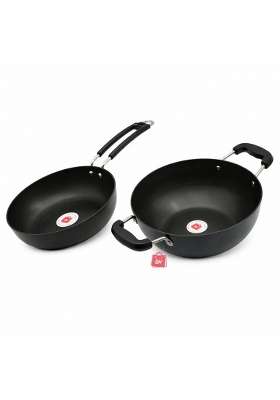 LAZYwindow Hard Anodised Set Fry Pan and Deep Kadhai Wok | 1.5 L | 1.6 Qt | Pack of 2