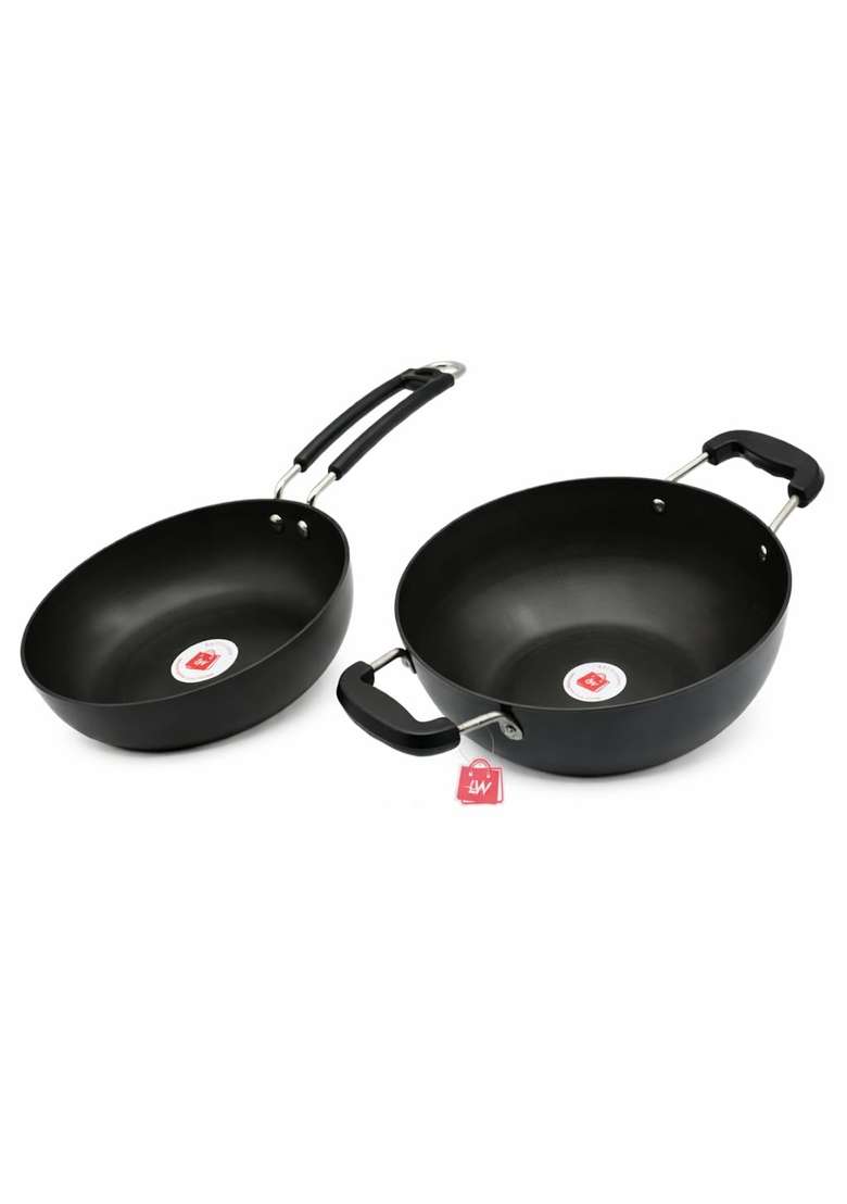 LAZYwindow Hard Anodised Set Fry Pan and Deep Kadhai Wok | 1.5 L | 1.6 Qt | Pack of 2 - Indya