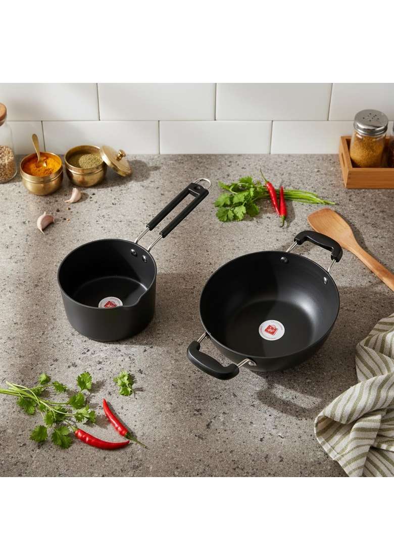 LAZYwindow Hard Anodised Sauce Pan and Kadhai Wok Set | Pack of 2 - Indya