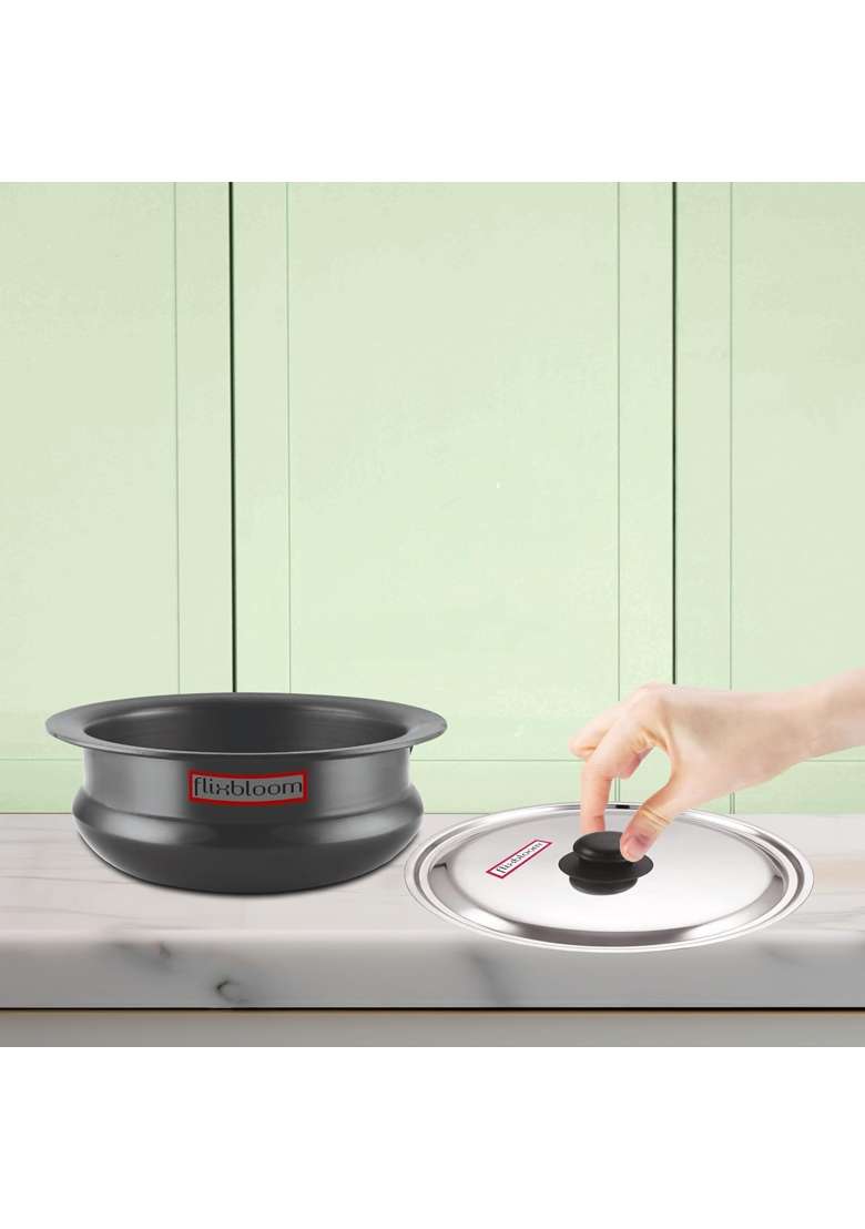 FLIXBLOOM Classy Black Hard Anodised Induction Bottom LPG Gas Stove Friendly Kitchen | 3 L | 3.2 Qt | With Lid - Indya
