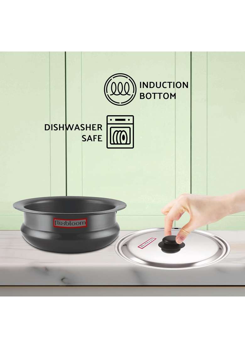 FLIXBLOOM Savory Black Hard Anodised Induction Bottom LPG Gas Stove Friendly Kitchen | 2 L | 2.1 Qt - Indya