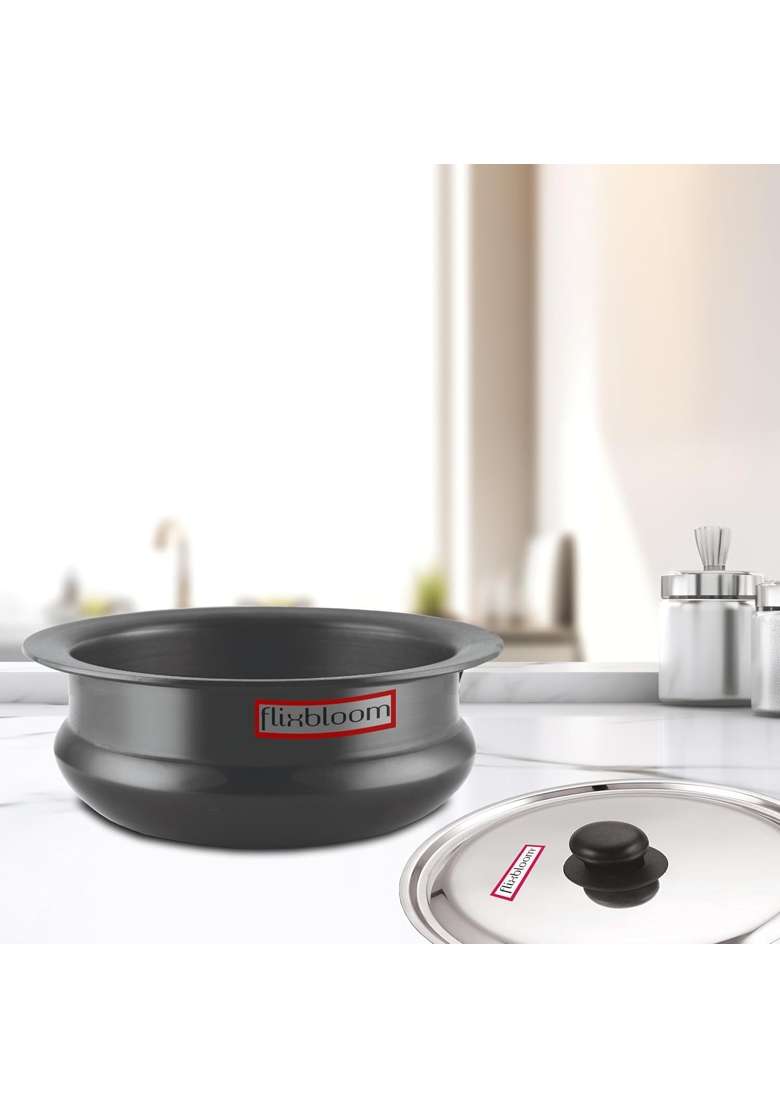 FLIXBLOOM Suited Kitchen Black Hard Anodised Thick Guage Induction Base Cookware | 3 L | 3.2 Qt | With Lid - Indya
