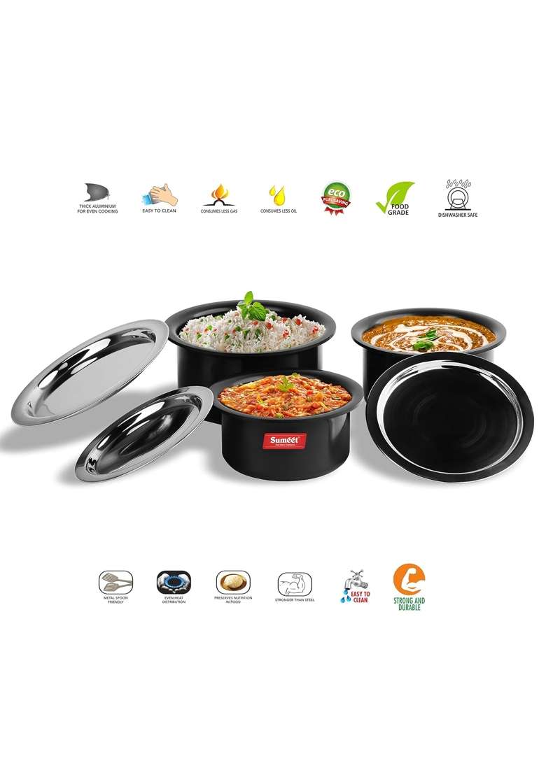 Sumeet Aluminium Anodized Tope Cooking Pot Set | 2.9 L | 3.1 Qt | 3-Piece Set - Indya
