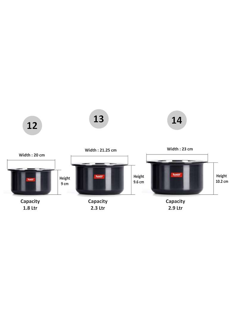 Sumeet Aluminium Anodized Tope Cooking Pot Set | 2.9 L | 3.1 Qt | 3-Piece Set - Indya