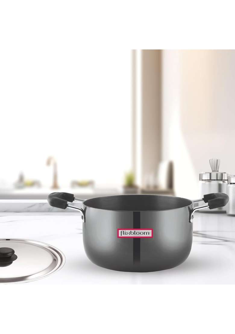 FLIXBLOOM Universal Black Hard Anodised Induction Base Cookware Set | 3 L | 3.2 Qt | With Lid - Indya