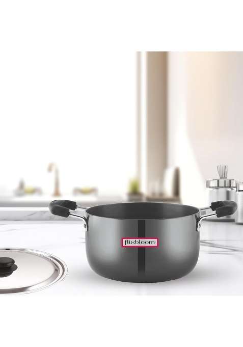 FLIXBLOOM Universal Black Hard Anodised Induction Base Cookware Set | 3 L | 3.2 Qt | With Lid