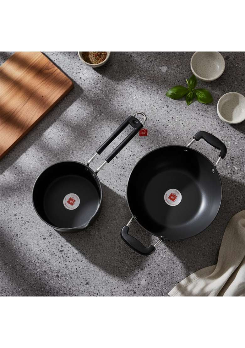 LAZYwindow Hard Anodised Sauce Pan and Kadhai Wok Set | Pack of 2 - Indya