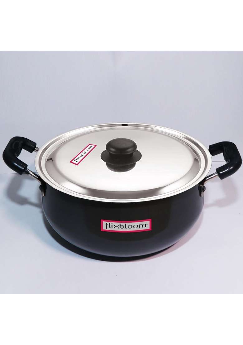 FLIXBLOOM Max Black Hard Anodised Induction and Gas Stove Friendly Cookware Utensil Handi | 2.5 L | 2.6 Qt | With Lid - Indya
