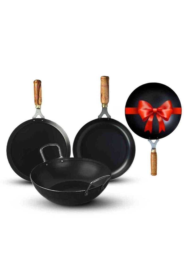 The Indus Valley Pre-Seasoned Iron Cookware Set Free Wok | 25 cm | 9.8 Inch | 4-Piece Set | Non-Stick - Indya