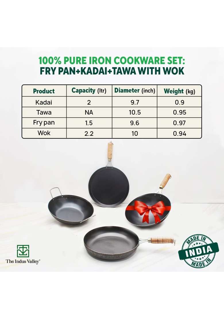 The Indus Valley Pre-Seasoned Iron Cookware Set Free Wok | 25 cm | 9.8 Inch | 4-Piece Set | Non-Stick - Indya