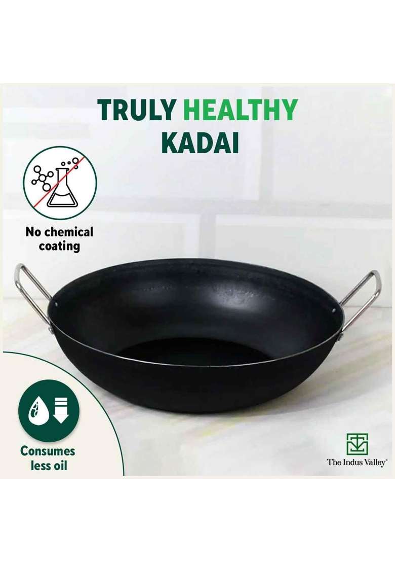 The Indus Valley Pre-Seasoned Iron Cookware Set Free Wok | 25 cm | 9.8 Inch | 4-Piece Set | Non-Stick - Indya