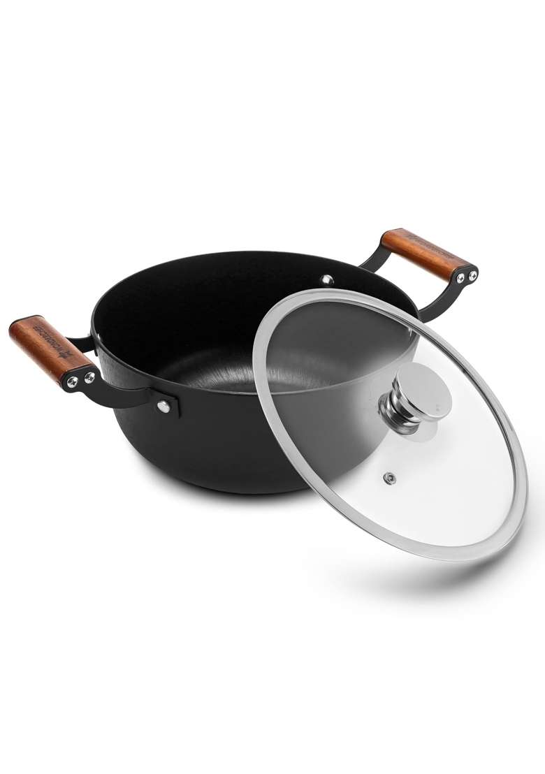 Wonderchef Ferro Light-Weight Cast-Iron Casserole and Glass Lid | 24 cm | 9.4 Inch | Induction Compatible | Non-Toxic | Pre-Seasoned - Indya