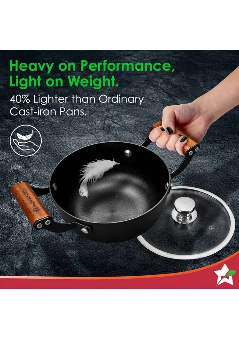 Wonderchef Ferro Light-Weight Cast-Iron Casserole and Glass Lid | 24 cm | 9.4 Inch | Induction Compatible | Non-Toxic | Pre-Seasoned - Indya